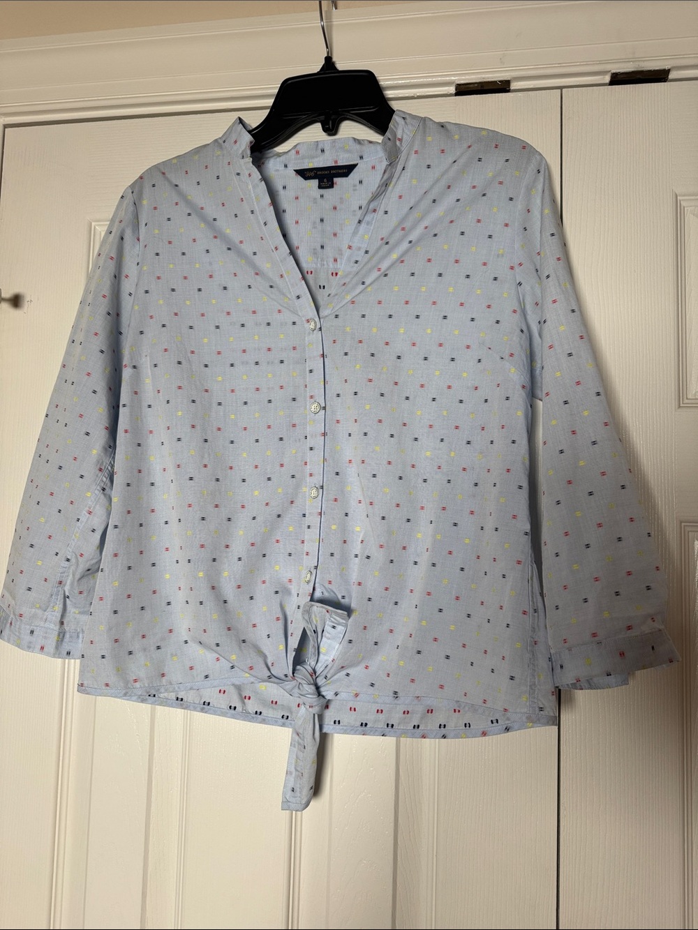 Brooks Brothers "346" Tie-Front Button Down Shirt Micro Print Blue Size 6
